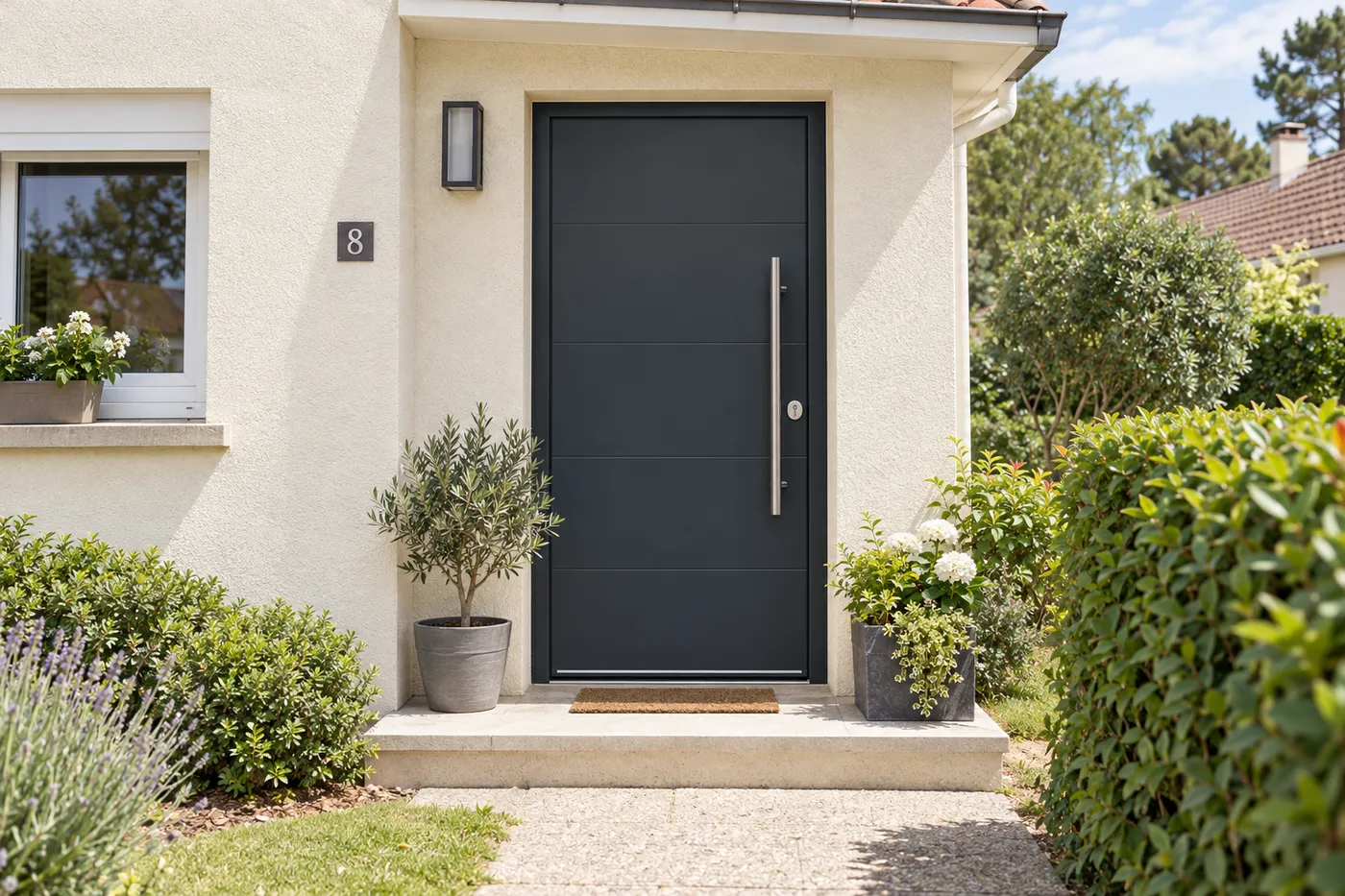 Porte d'entrée renforcée gris anthracite posée sur un pavillon crépi du sud des Yvelines