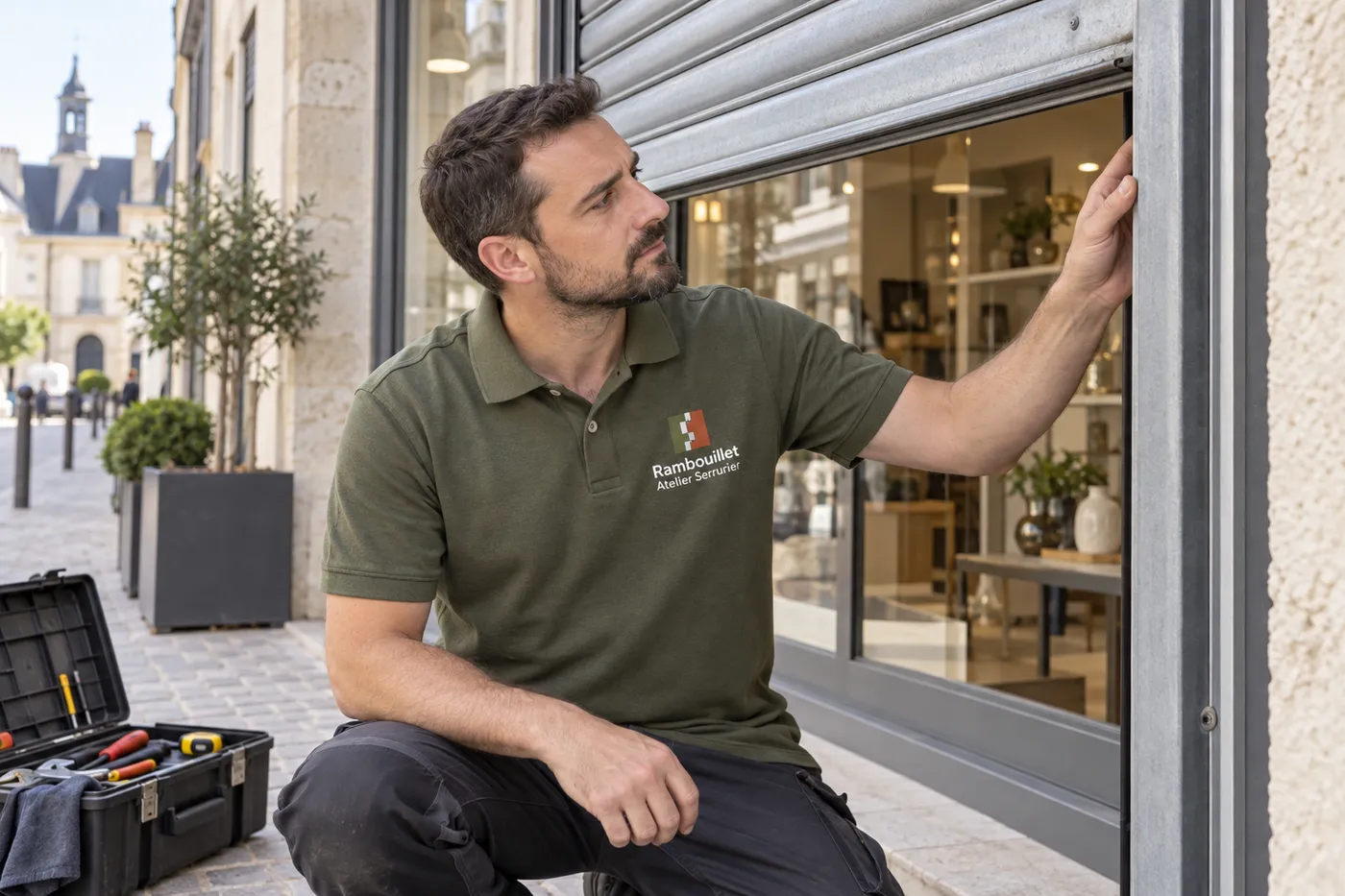 Serrurier vérifiant le rail du rideau métallique d'une boutique du centre-ville