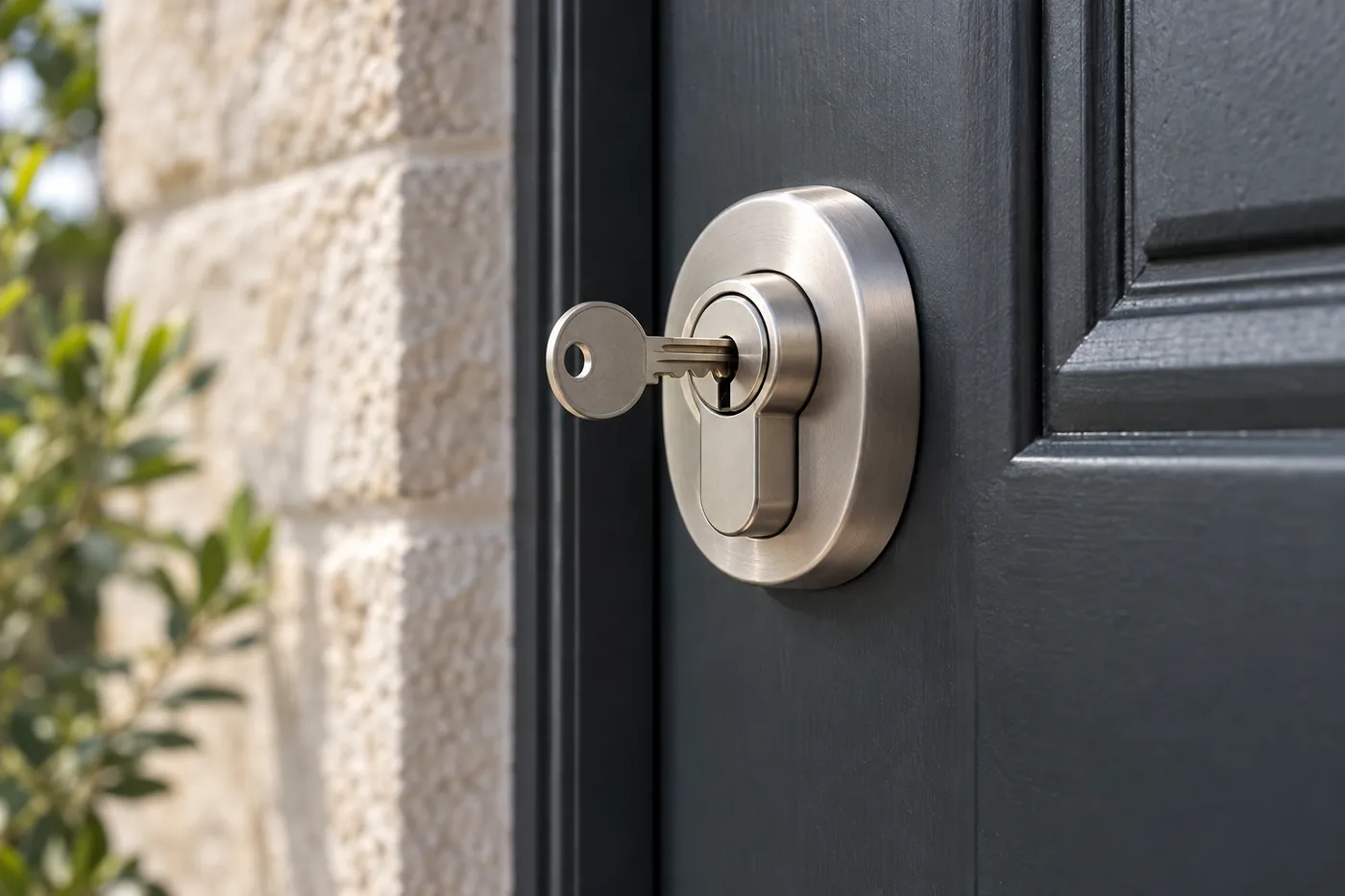Cylindre de haute sûreté avec rosace de protection sur une porte d'entrée anthracite