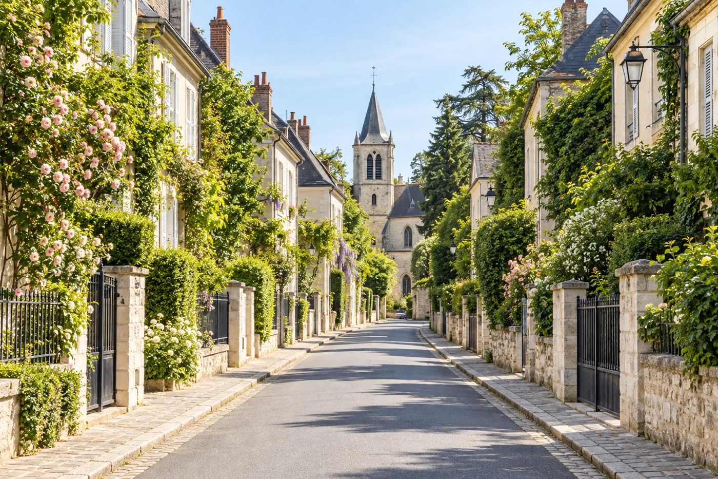 Rue de maisons en pierre et jardins dans le centre ancien de Rambouillet, clocher au fond